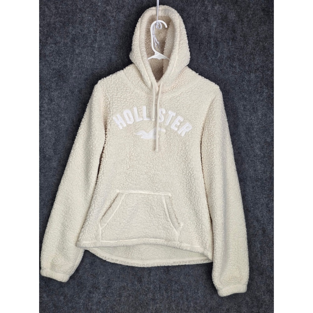 Hollister‎ Sherpa Hoodie Womens M Ivory Cream White Fleece Pullover Sweatshirt